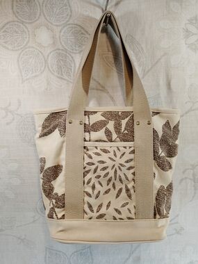 Beige Canvas Tote with Brown Floral Print - Women's Shoulder Bag